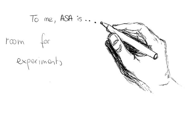 Eine Karte mit Illustration und dem Text „To me, ASA is … room for experiments“. Foto: ASA-Programm