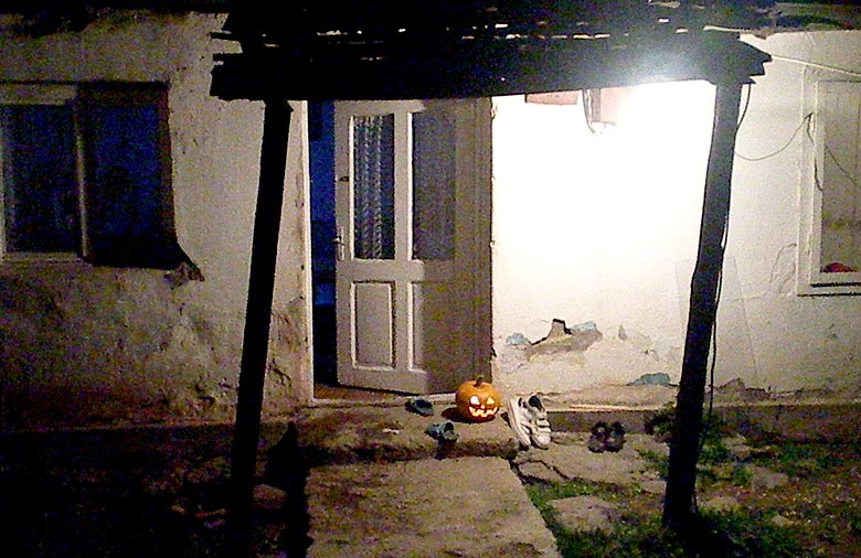 Ein Hauseingang zu Abend ist abgelichtet. Eine Lampe erhellt das Bild, die Haustür steht offen. Auf dem Boden steht ein geschnitzter Kürbis mit einem erleuchteten Teelicht. Foto: Lisa Wetzel